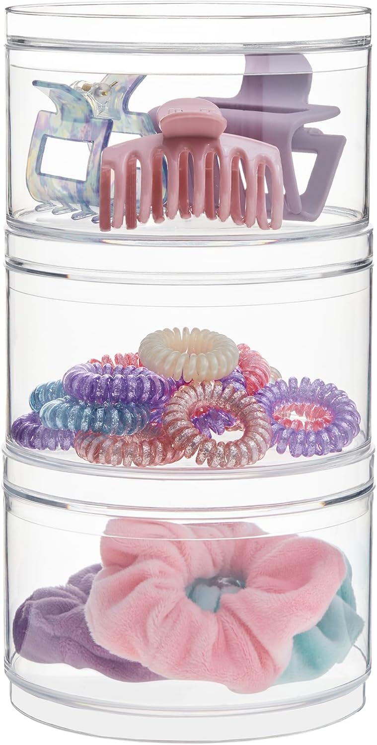 STORi Bella Stackable Clear Plastic Container (Set of 3) Round Vanity Storage Organizers with Lids for Hair Accessories & Beauty Supplies | Made in USA - Image 1